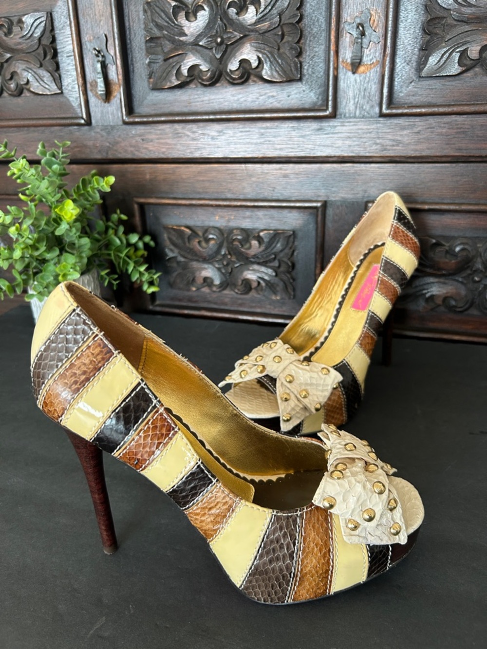 Betsey Johnson Yellow, Brown & Cream Striped Peep-Toe Heels with Studded Bow